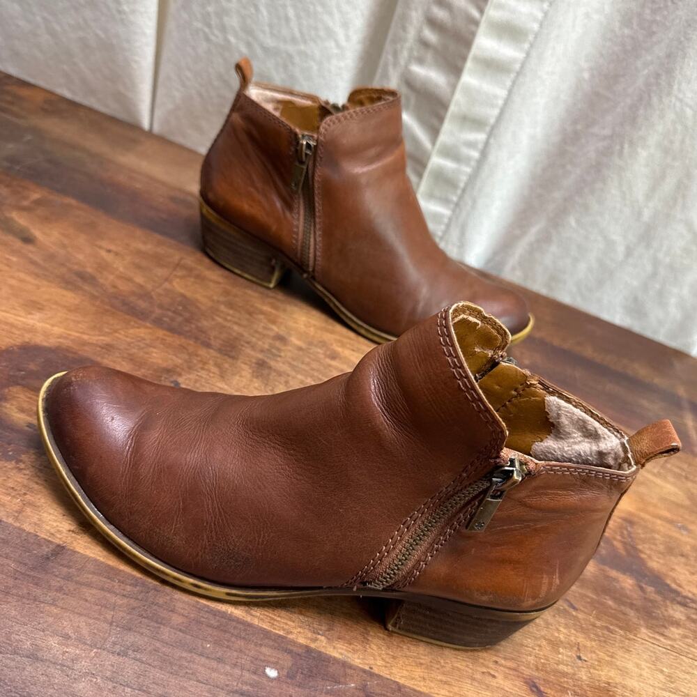 Fossil Toffee Basel Leather Ankle Boots Bootie Side Zipper Women's Size 6 1/2